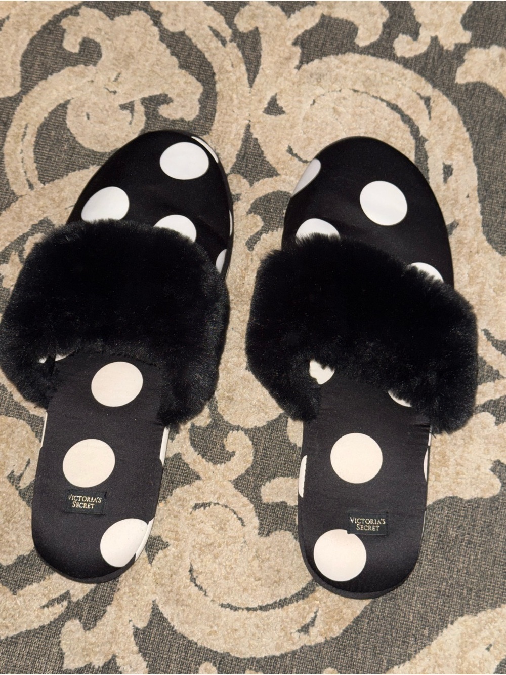 Victoria's Secret Black and White Polka Dot Faux Fur Slide Sandals
